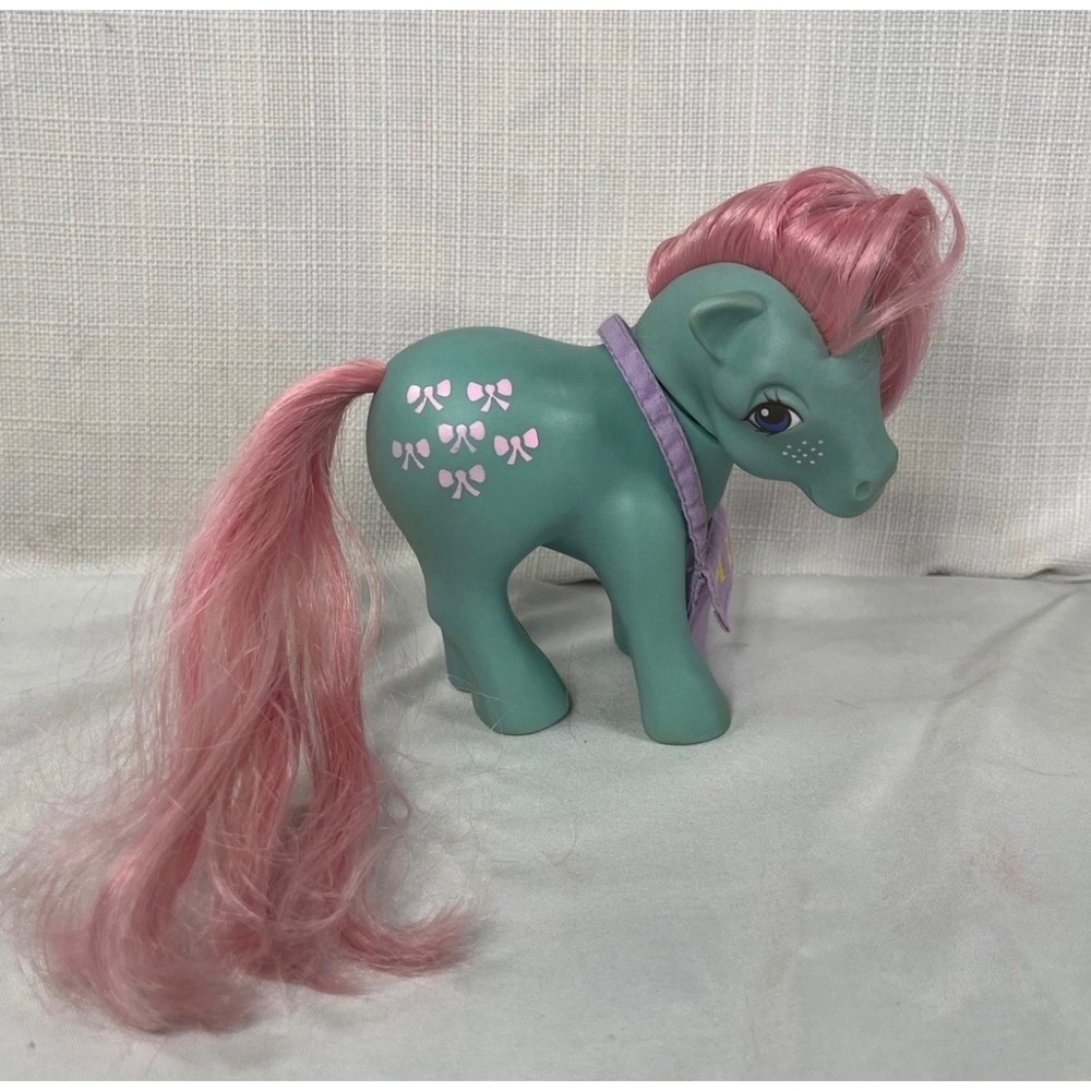 Vintage My Little Pony G1 Bow Tie Teal Pink Hair 1983 Hasbro Toy with Satchel